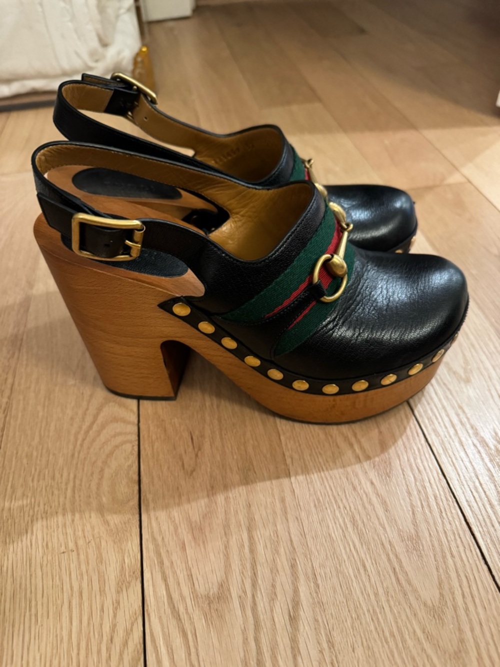 Gucci Black Leather Platform Slingback Clogs with Green and Red Web